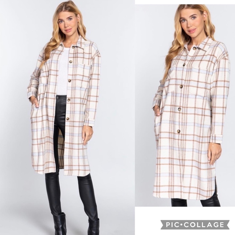 SALE!! Ivory, Baby Blue, & Tan Plaid Coat - Picture 3 of 7